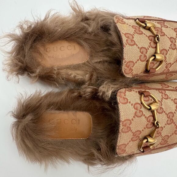 Gucci Princetown Horsebit Brown GG Print Canvas Fur Slippers Loafers US 7 EU 41 main image 12